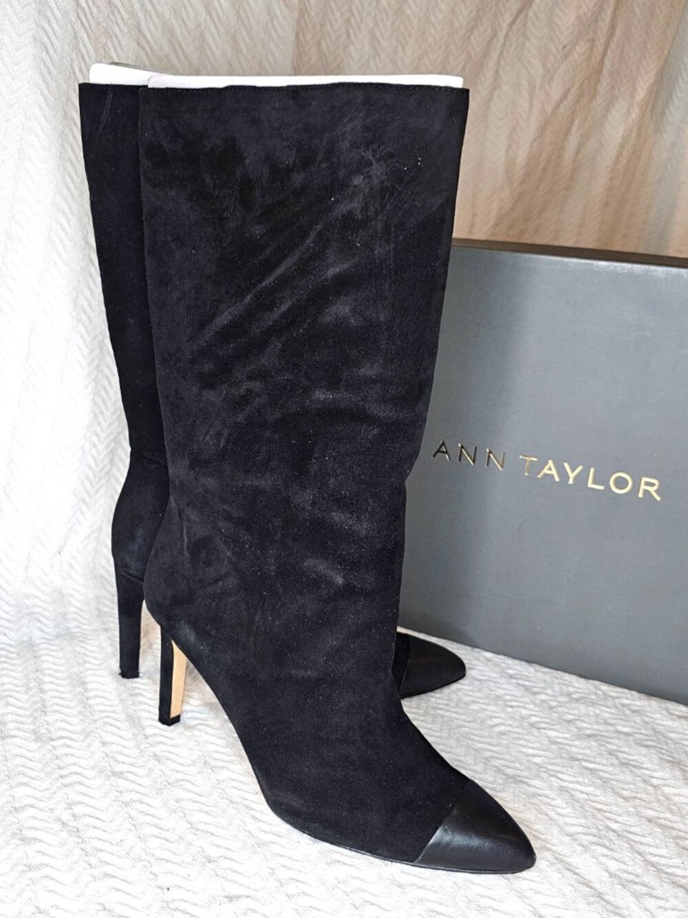 Ann Taylor Amira Suede Pointy Leather Tip Heeled Boot 3.5” Stiletto Pump US8.5